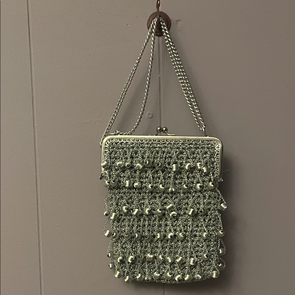 Beaded Fringe made in Italy Evening Clutch in Light silver with Chain Strap